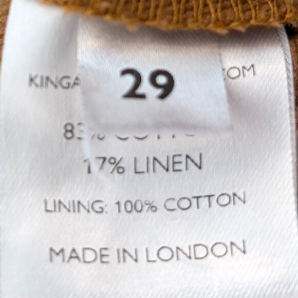 King & Tuckfield men's Tan Tab trousers 29 linen cotton toffee pleated *flaws* - Picture 11 of 13